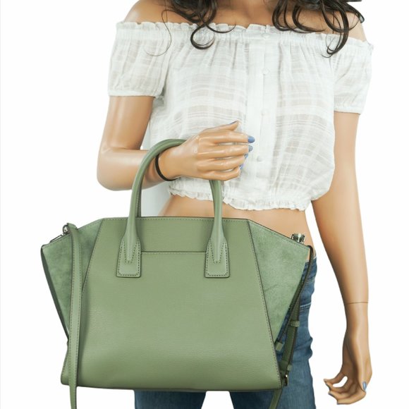 Michael Kors Avril Large Top Zip Satchel Shoulder Leather Bag Army Green - Picture 2 of 13